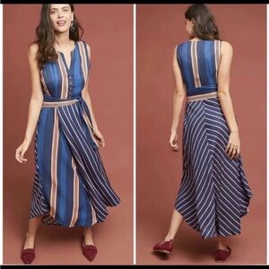 Anthropologie Maeve Atlanta Long Dress Sleeveless Stripes Blue Front Tie Medium